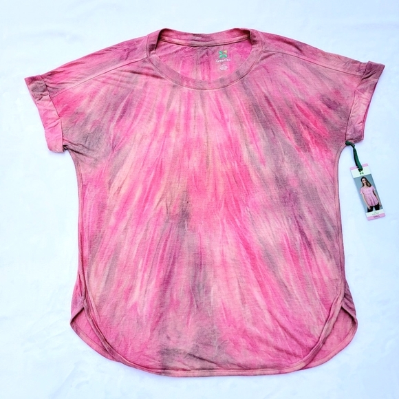 GREEN TEA ♡ NWT Gorgeous Pink Cuffed Short Sleeve Rounded Hem Tie Dye Tunic S - Picture 14 of 15